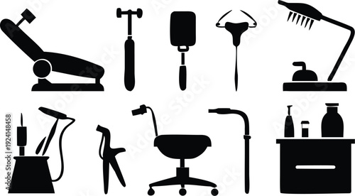 Silhouette icons of various barber tools and furniture