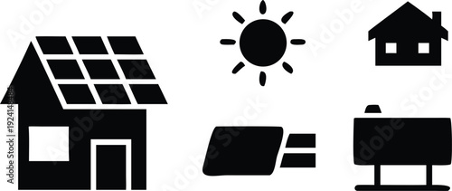 solar energy system icons with house and battery