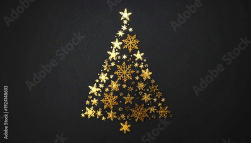 Golden Christmas Tree Ornament Arrangement on Dark Gray Textured Background Festive Holiday Decoration.