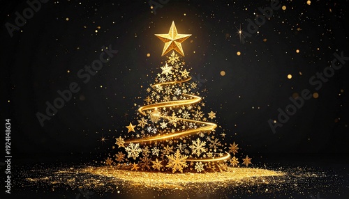 Elegant golden christmas tree with star and snowflakes on dark background for festive holiday celebrations.