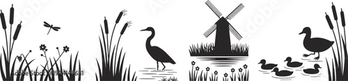 Wetland wildlife silhouette collection, heron duck windmill reeds and cattails nature landscape set isolated on white background