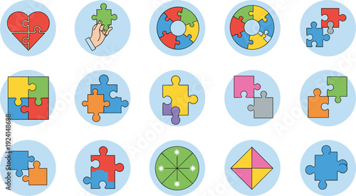Colorful jigsaw puzzle vector icon set featuring heart shapes interlocking pieces hands holding segments and geometric diagrams for teamwork strategy and problem solving designs.