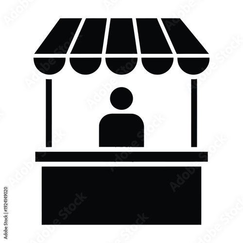 Iconic representation of a market stall with a vendor silhouette symbolizing commerce retail and small business entrepreneurship in a minimalist graphic style
