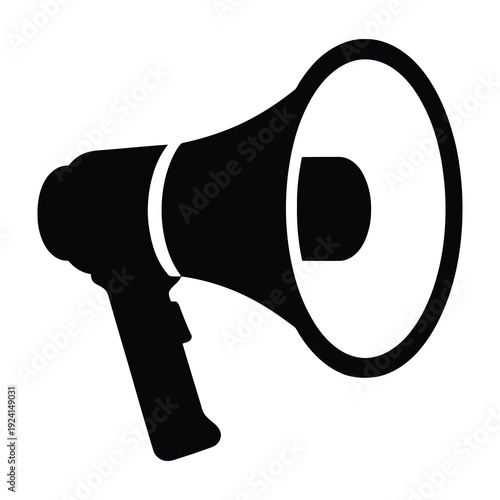Bold black silhouette of a classic megaphone a powerful symbol of communication announcement and public speaking isolated on a clean white background with strong contrast