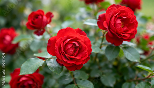 Vibrant Red Roses Blossom in a Lush Garden, Showcasing Nature's Beauty and Romantic Allure on a Bright, Serene Day in Full Bloom