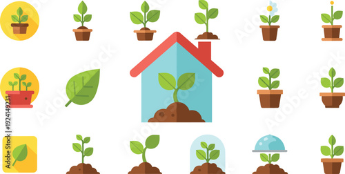 Flat design vector illustration set featuring green plants in pots, seedlings, organic leaves, greenhouse house concept, and gardening icons for ecology and growth.