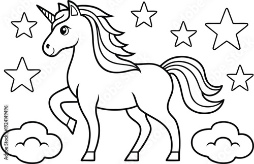 Magical Unicorn Coloring Page. Cute Unicorn Outline Drawing. Fantasy Unicorn Coloring Sheet. Unicorn Line Art Illustration. Kids Unicorn Coloring Activity. Fairy Tale Unicorn Sketch. Cartoon Unicorn