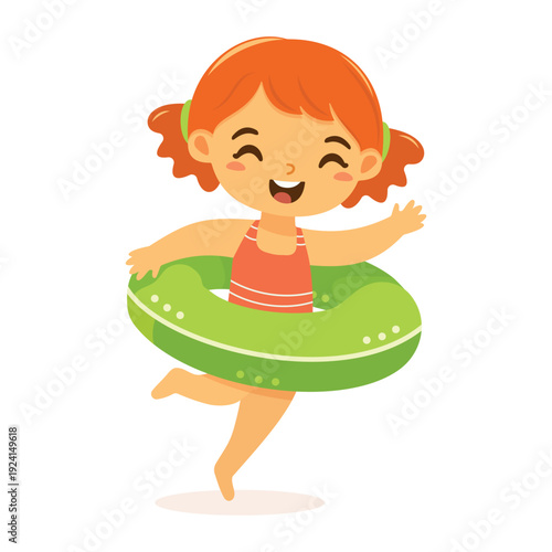 Cute and happy girl in summer ready to swim and play  swimming ring on the beach on white background. Poster, Banner, Flyer, Summer time. Vector illustration in flat