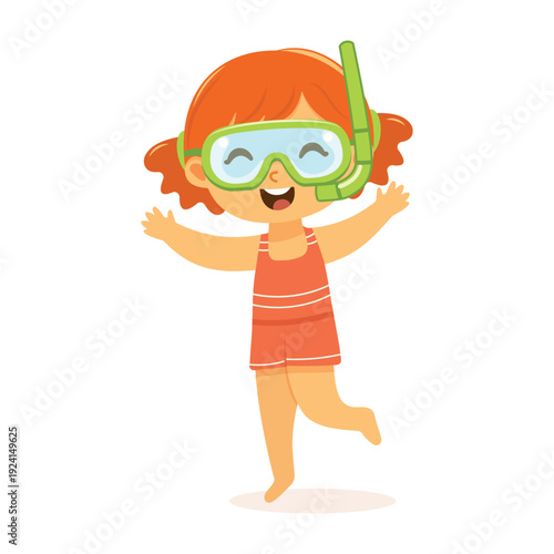 Cute and happy girl running in bathing suits and swimming mask on white background. Poster, Banner, Flyer, Summer time. Vector illustration in flat cartoon style