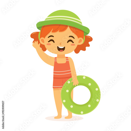 Cute and happy girl in summer ready to swim and play on the beach on white background. With swimming ring. Poster, Banner, Flyer, Summer time. Vector illustration in flat