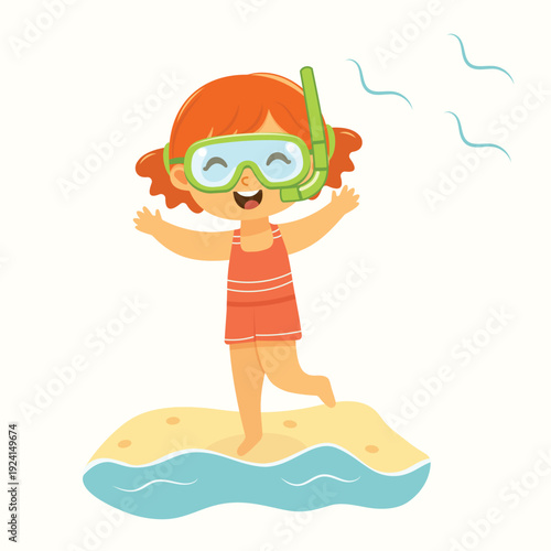 Cute and happy girl running in bathing suits and swimming mask on white background. Poster, Banner, Flyer, Summer time. Vector illustration in flat cartoon style