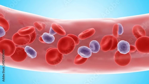 Red and white blood cells flowing through a blood vessel. Illustration of human circulation for medical and biology education.