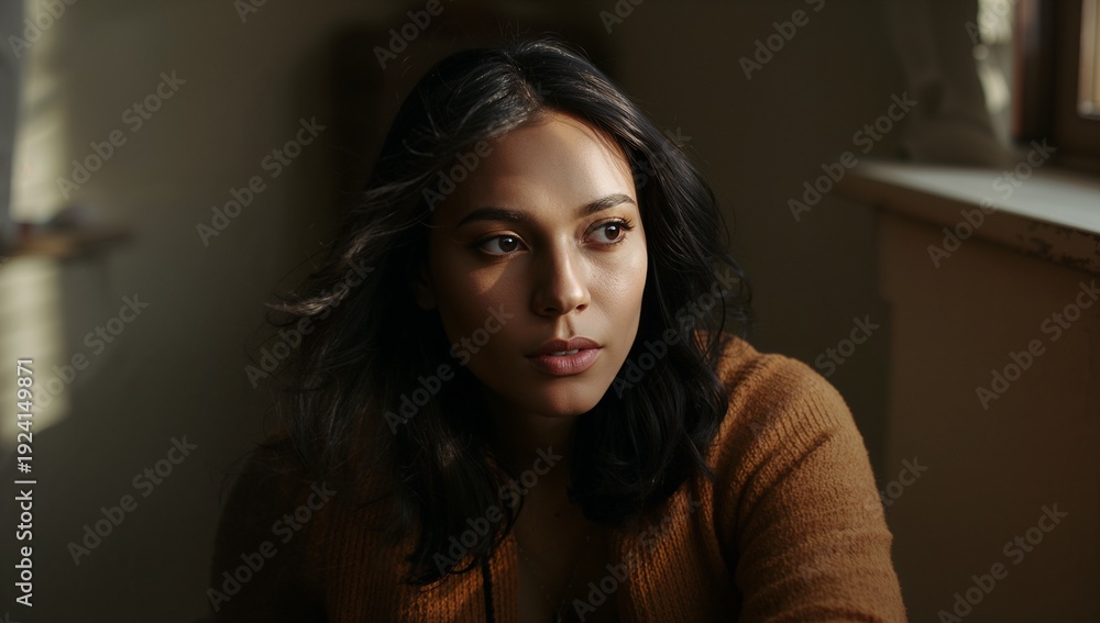 Fototapeta premium Sitting adult woman leaning forward near window, with windowsill and rust-brown sweater