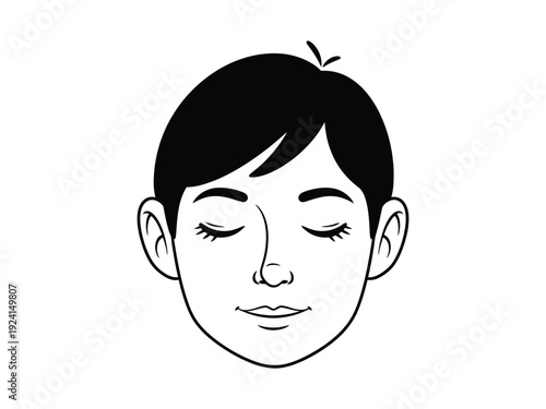 Simple line drawing of a young man's face with eyes closed, relaxed expression, peaceful vector illustration