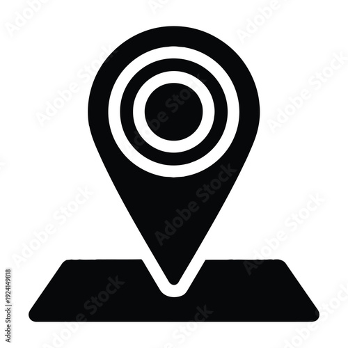 Abstract black and white location pin icon symbolizing navigation destination and search on a clean minimalist background representing travel planning and finding places
