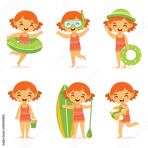 Cute and happy girl in summer ready to swim and play on the beach on white background. With swimming ring, diving mask, sup board, ball. Poster, Banner, Flyer, Summer time. Vector illustration in flat