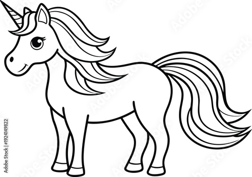 Magical Unicorn Coloring Page. Cute Unicorn Outline Drawing. Fantasy Unicorn Coloring Sheet. Unicorn Line Art Illustration. Kids Unicorn Coloring Activity. Fairy Tale Unicorn Sketch. Cartoon Unicorn