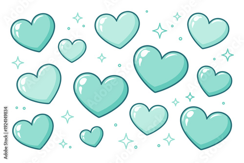 Turquoise hearts with sparkles flat minimal romantic vector illustration collection set