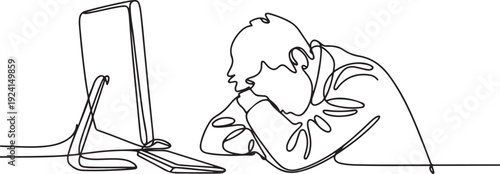 One single line drawing of young tired male employee stress on the work desk with computer. isolated white background