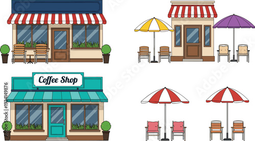 Flat vector illustration set of coffee shop storefronts with striped awnings, outdoor cafe seating, umbrellas, bistro chairs, and restaurant exterior design elements.