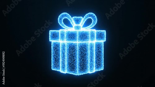 Blue particle gift box animation forming and glowing on a dark background for celebration and digital display