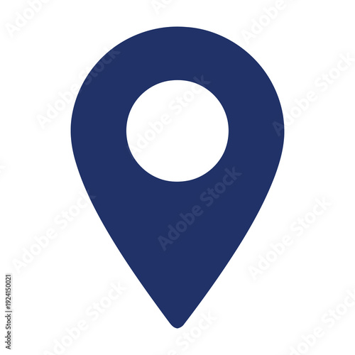 Simple bold dark blue location pin icon with a clean white circle in the center symbolizing navigation destination and point of interest on a pure white background conveying