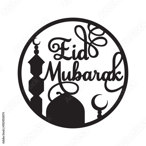 Circular black silhouette artwork beautifully displays Eid Mubarak with mosque.