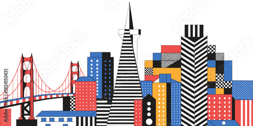 Art Deco San Francisco Skyline SVG – USA, US, U.S, United States Geometric Golden Gate and City Silhouette Vector