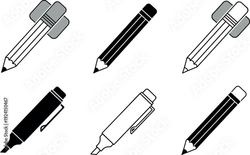 Set of stylized pencil and marker icons in outline, filled, and mixed black-and-white vector styles.