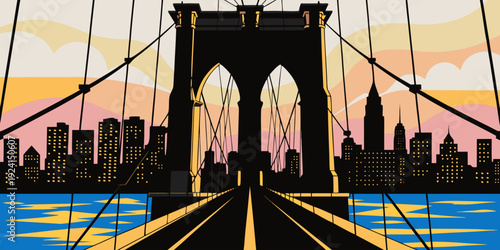 Flat Vector Brooklyn Bridge Sunrise SVG – USA, US, U.S, United States Pastel Sky Symmetrical Cityscape Design