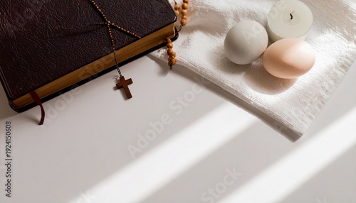 Christian Easter Flat Lay with Bible, Cross and Eggs, Faith Based Minimal Still Life, Religious Easter Celebration Background