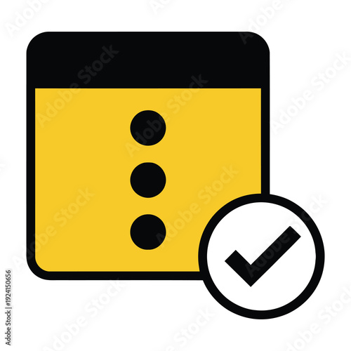 Calendar icon with three dots and a checkmark symbol representing a completed task scheduled event or successful planning isolated on a clean white background with bold outlines