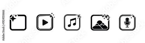Ai image generator media icon set in sparkle rounded square frame play, music, gallery and microphone black vector on white background.