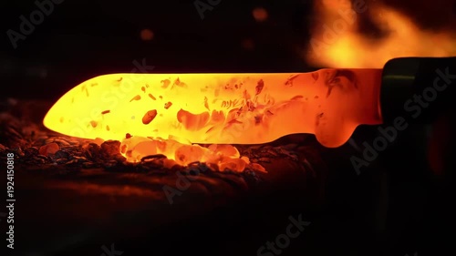 Knife Forging Process in Blacksmith Workshop with Glowing Steel
