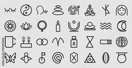 Mindfulness and holistic wellness line icons for mental health apps. Minimalist monoline symbols featuring meditation, zen stones, and spiritual balance.