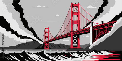 Flat Vector Golden Gate Bridge SVG with Fog Overlay – Muted Red and Gray USA, US, U.S, United States Minimalist Design