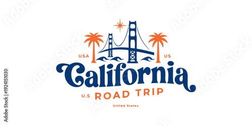 Retro California Road Trip Badge SVG with Bridge Silhouette – USA, US, U.S, United States Vintage Travel Design