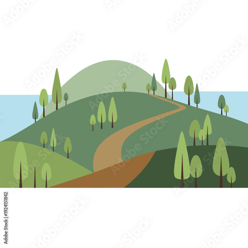 Abstract hill landscape with path and trees minimal vector