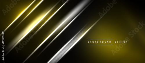 Abstract design features diagonal lines. Gold, silver, black hues create dynamic visual effect. Minimalist style suits modern projects.