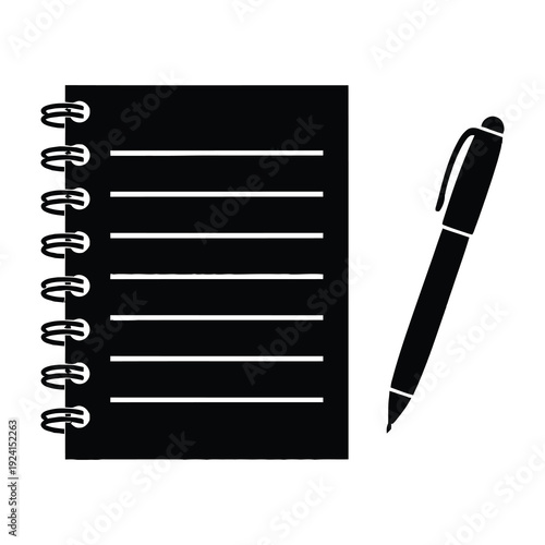 Black spiral notebook with lined pages and a black pen resting beside it symbolizing planning writing education and note taking in a clean minimalist style against a white