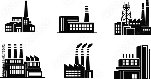 Black industrial factory icon set with smoke stacks power plants manufacturing buildings and warehouse silhouettes isolated on white background for engineering and energy concepts