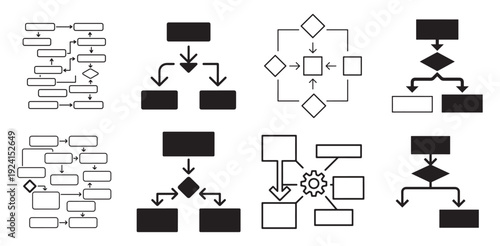 Solid silhouette flowchart and process block diagram icon set. vector illustration eps 10