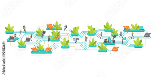 Floating Solar Labyrinth, Electronic Waste Transformation to Green Energy, Vector Illustration, Ecofriendly Digital Artwork