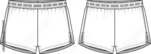 Athletic shorts illustration, sportswear technical drawing, fashion design sketch, elastic waistband detail, curved hemline trim, apparel manufacturing reference, clothing construction illustration,