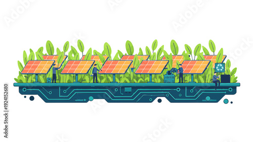 Floating Eco Circuit Garden Concept, Sustainable Technology Innovation, Tech Waste Recycling, Vector Illustration, Ecofriendly Digital Art