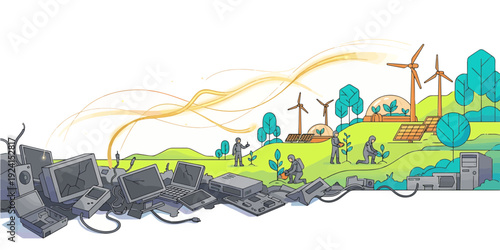 Tech Horizon Regeneration Concept, Electronic Waste Transforming into Renewable Energy, Vector Illustration, Ecofriendly Sustainable Technology Art