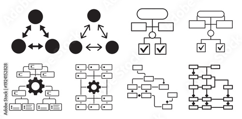 Core node network, hierarchy tree and gear process icon set. vector illustration eps 10