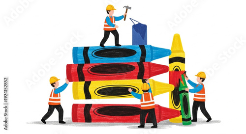 Construction workers building a tower with colorful crayons and a hammer