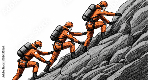 Teamwork and mutual support in climbing a steep rocky mountain face