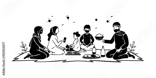 Muslim families celebrating Eid al-Fitr with outdoor picnic and greetings. vector icon